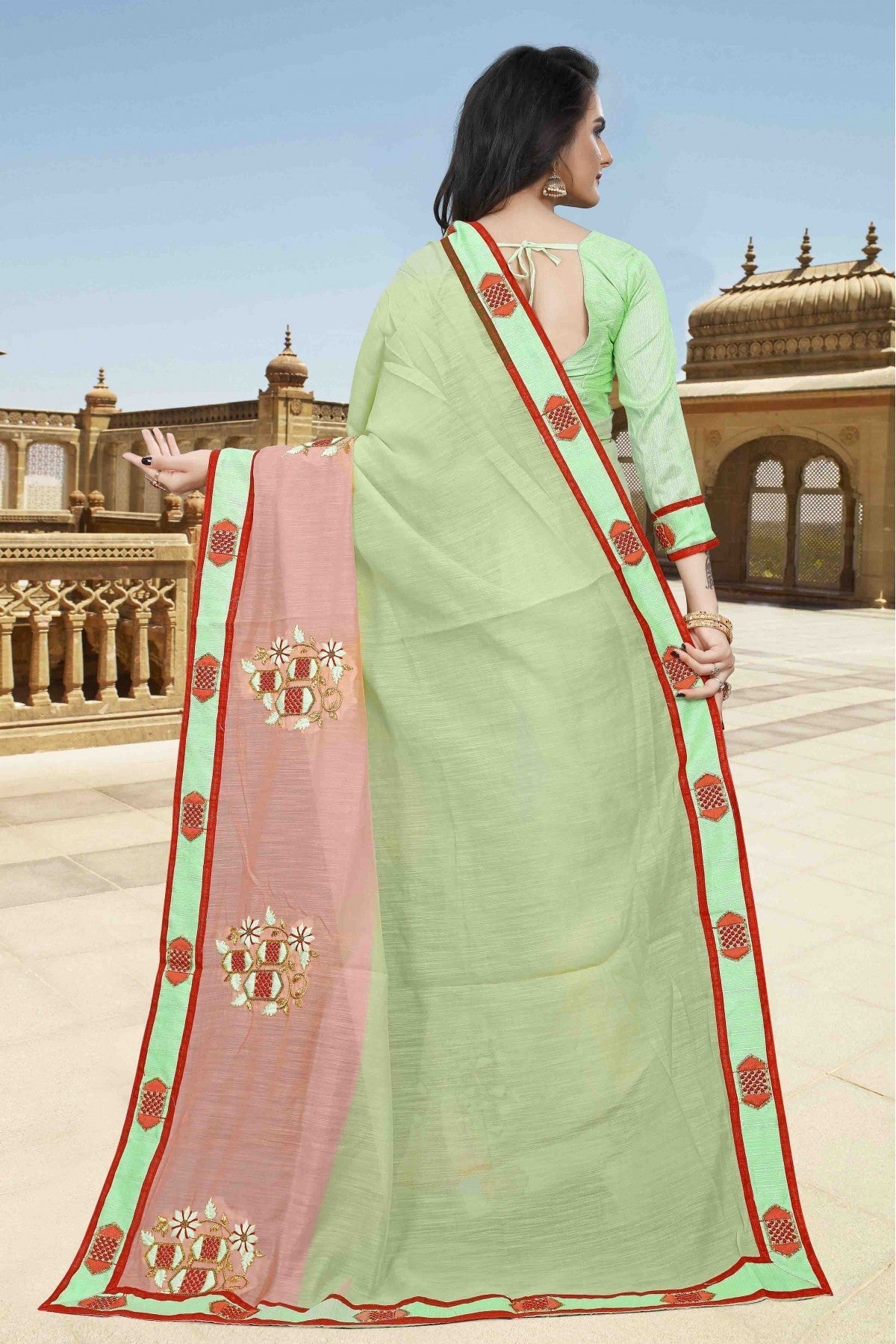 Green Colour Cotton Designer Saree