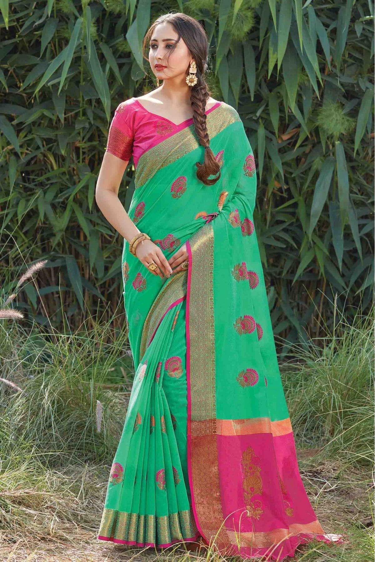 Green Colour Cotton Handloom Traditional Saree