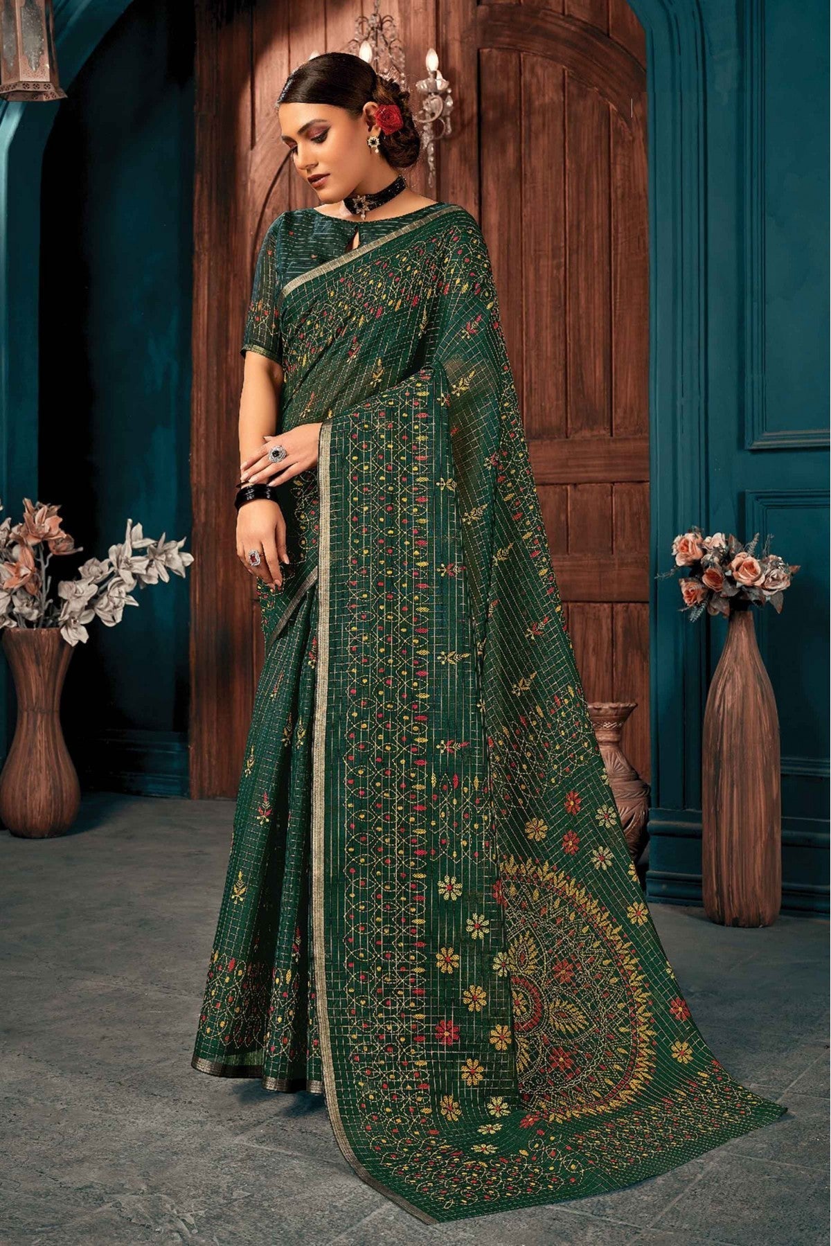 Green Colour Cotton Printed Saree