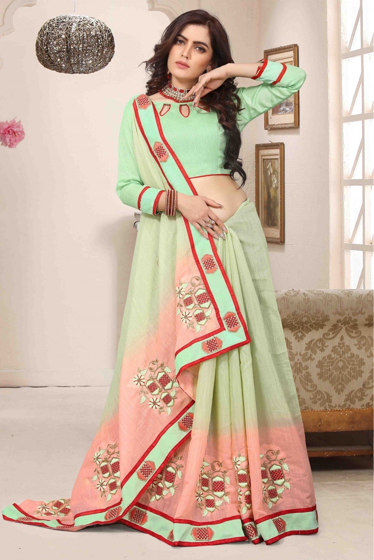 Green Colour Cotton Silk Designer Saree