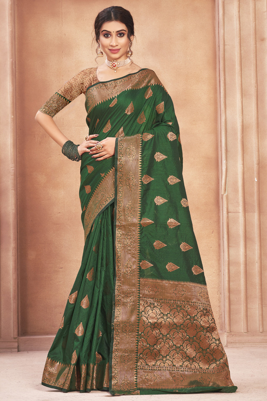 Green Colour Cotton Silk Traditional Saree In Woven Work