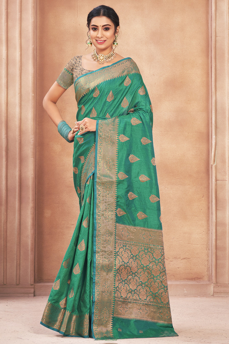 Green Colour Cotton Silk Traditional Saree In Woven Work