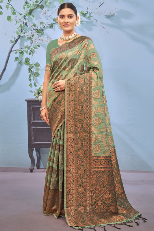 Green Colour Cotton Traditional Saree In Woven Work