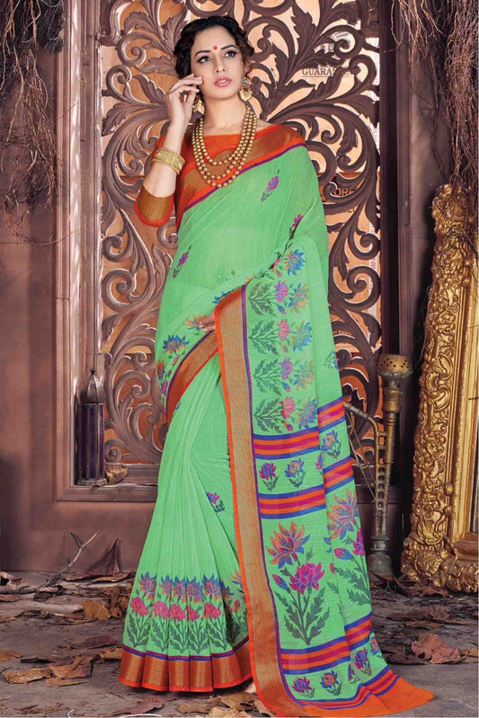 Green Colour Cotton Traditional Saree