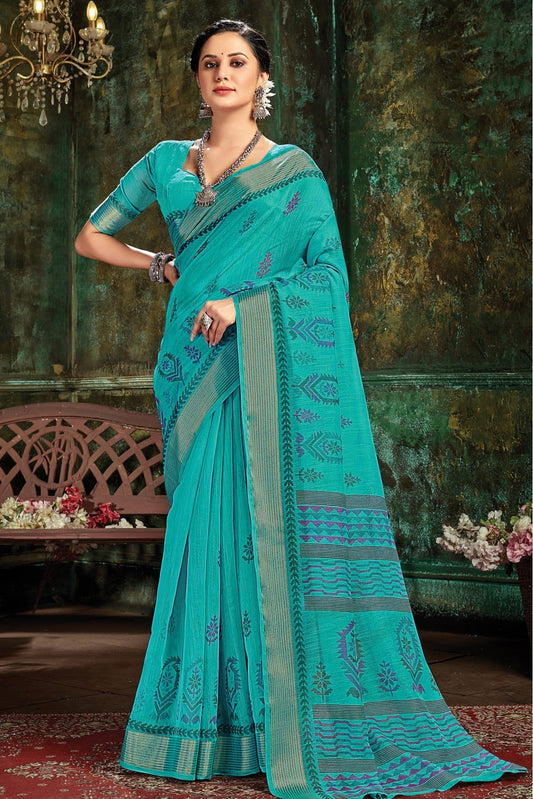 Green Colour Cotton Woven Saree