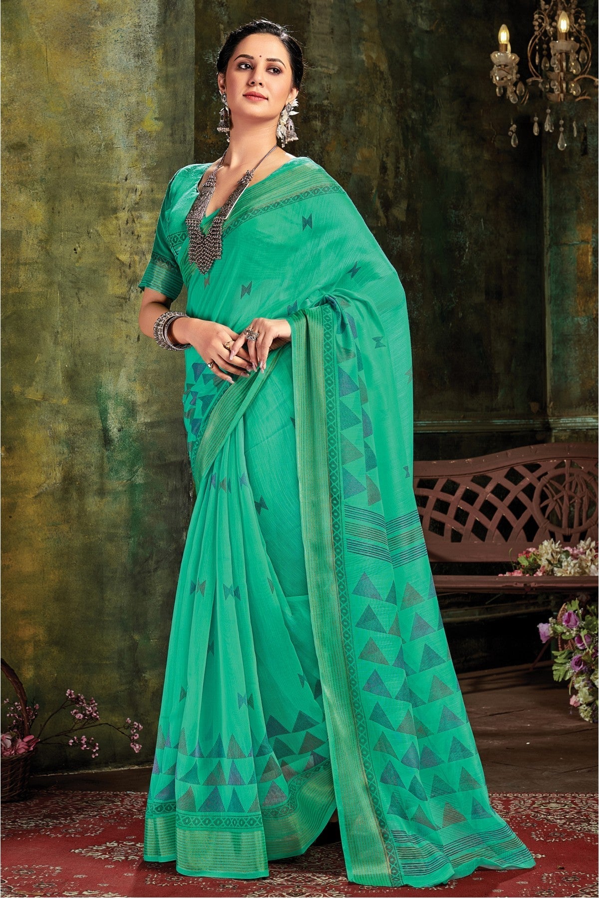 Green Colour Cotton Woven Saree