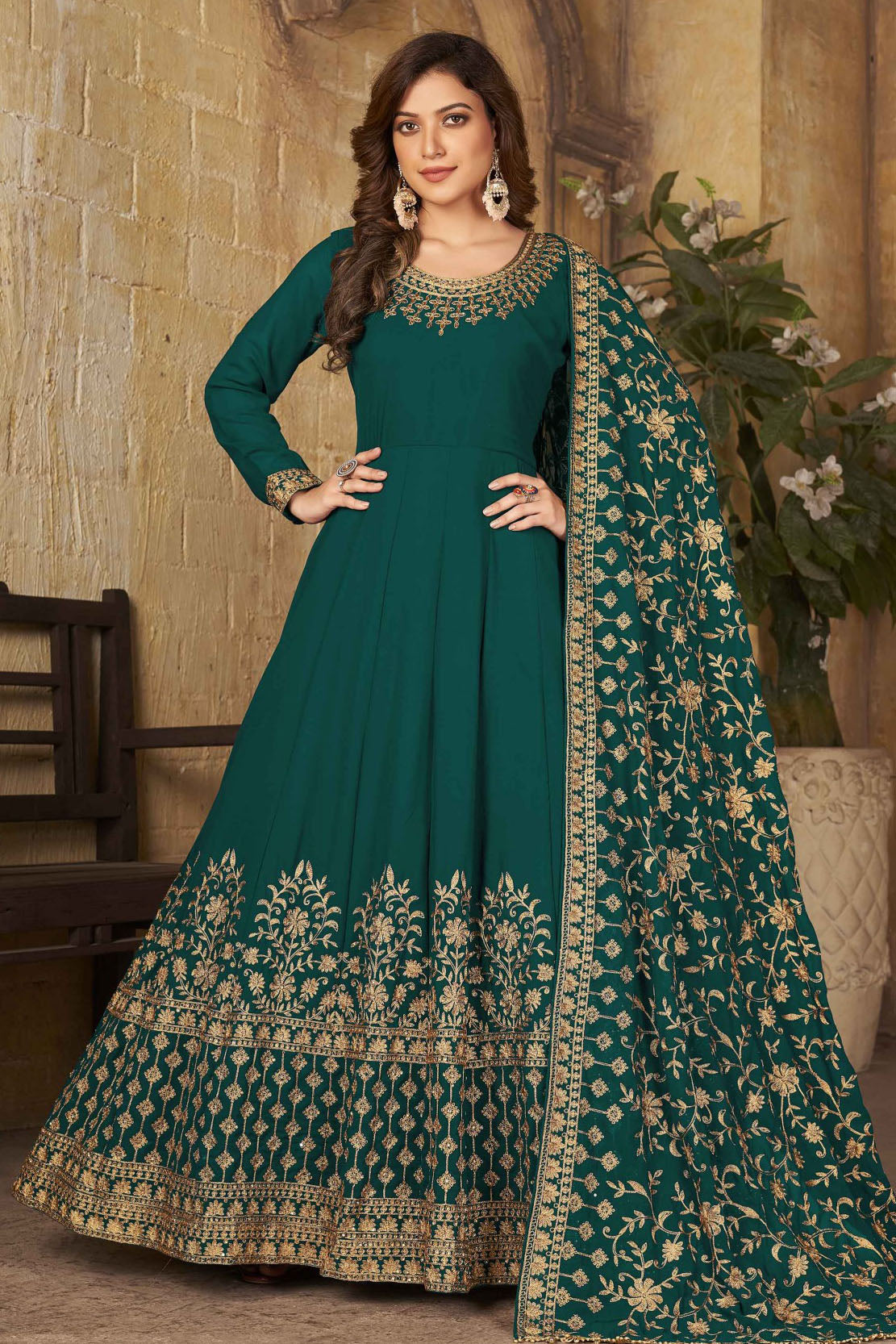 Green Colour Faux Georgette Embroidery Anarkali Suit