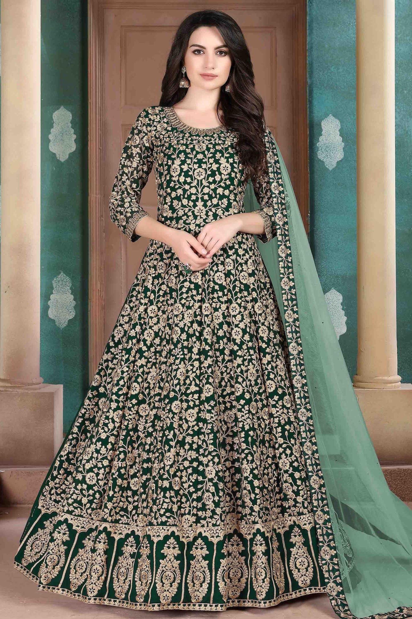 Green Colour Faux Georgette Semi Stitched Anarkali Suit