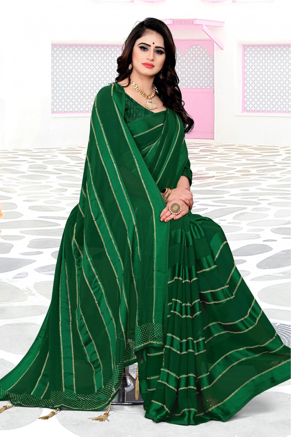 Green Colour Georgette And Satin Designer Saree