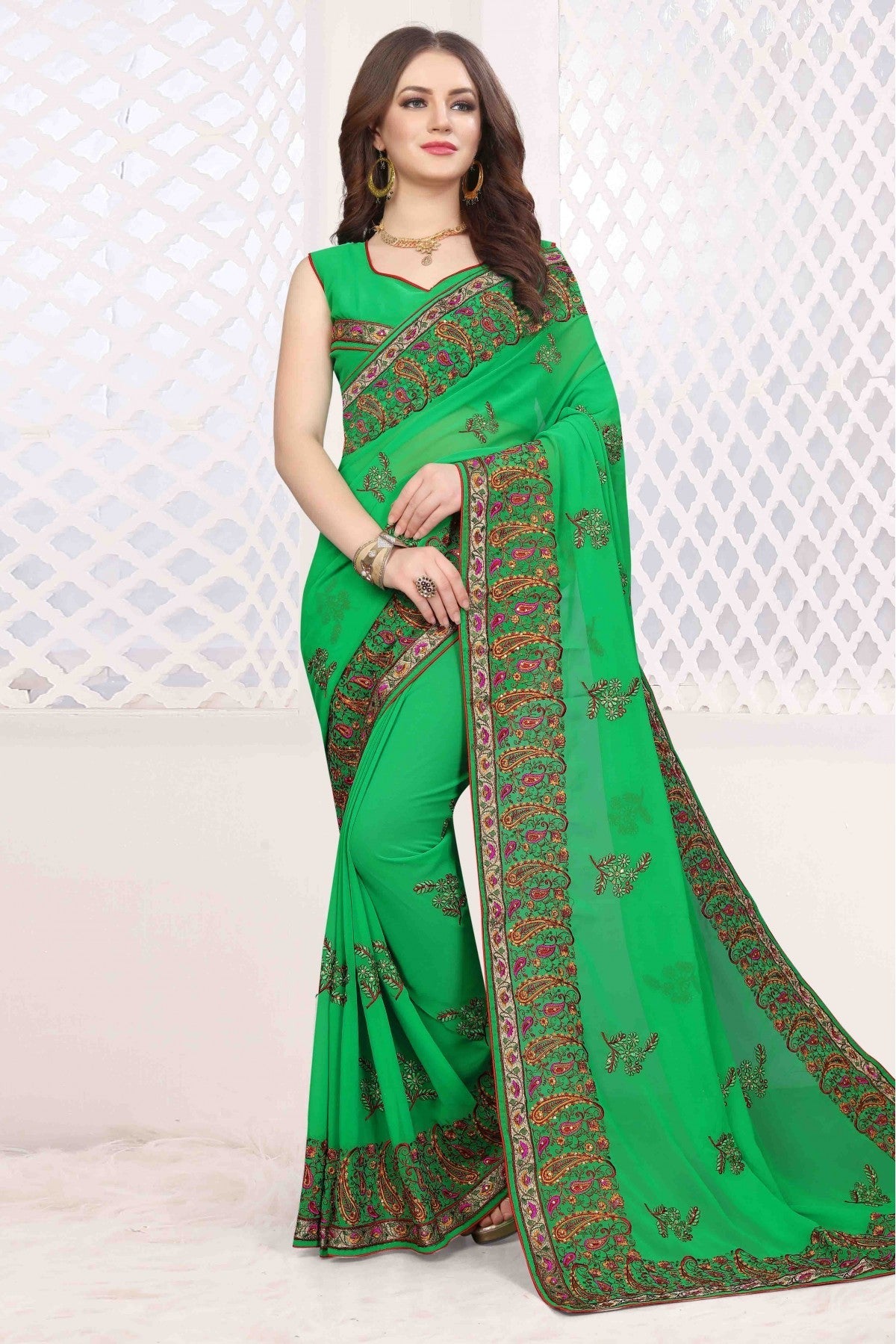 Green Colour Georgette Designer Saree