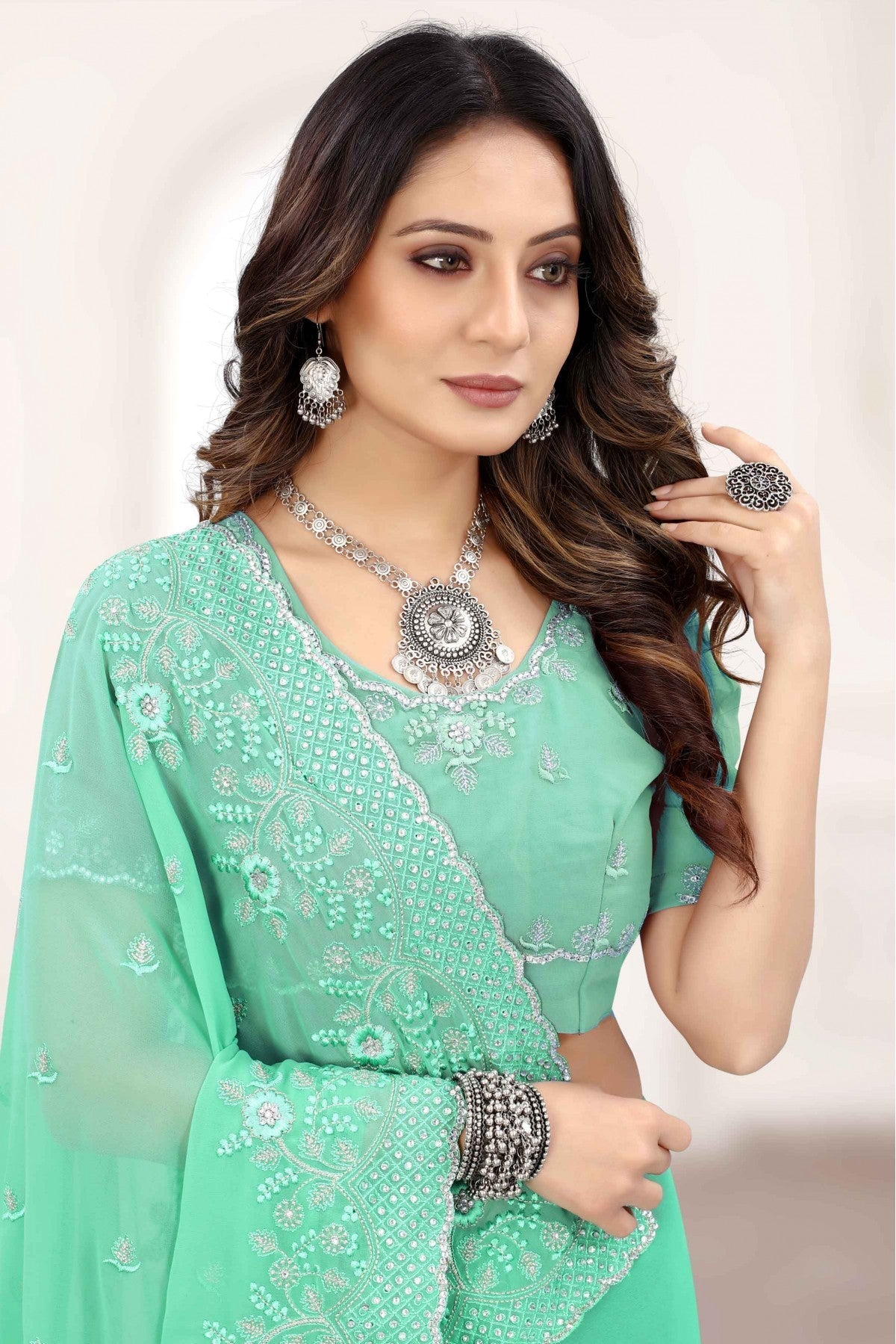 Green Colour Georgette Designer Saree