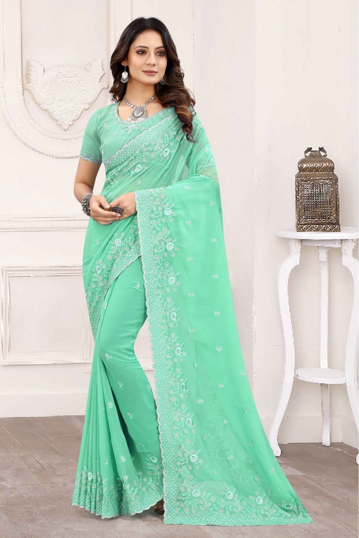 Green Colour Georgette Designer Saree