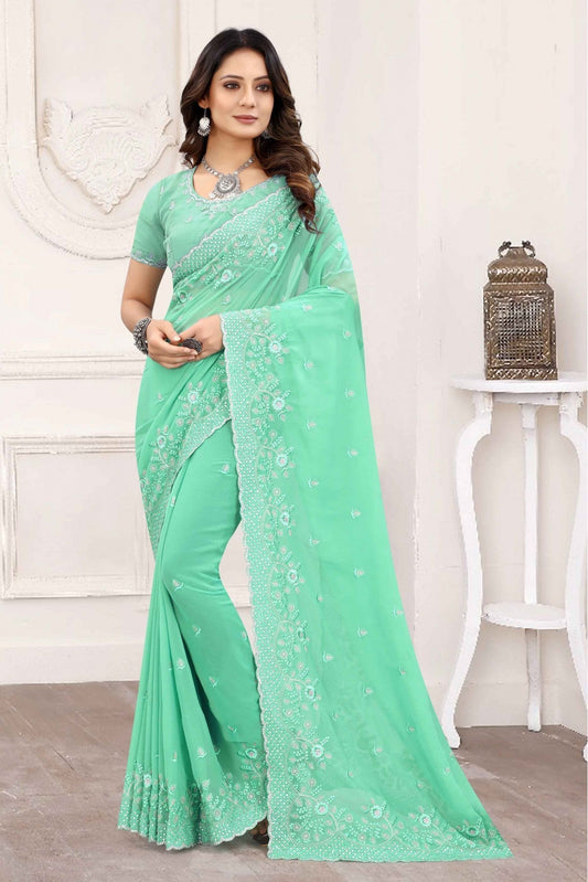 Green Colour Georgette Designer Saree