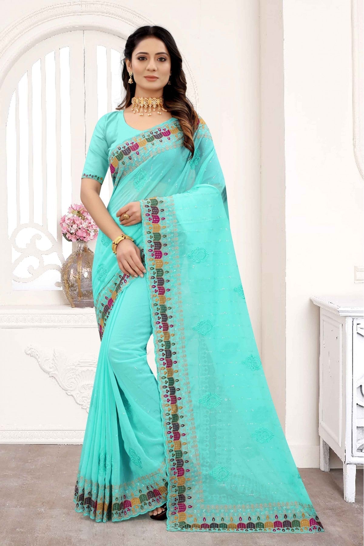 Green Colour Georgette Embroidery Saree