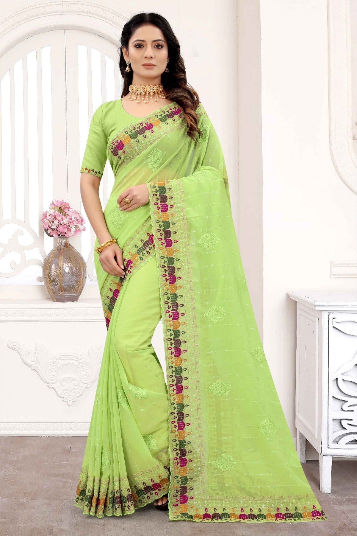 Green Colour Georgette Embroidery Saree