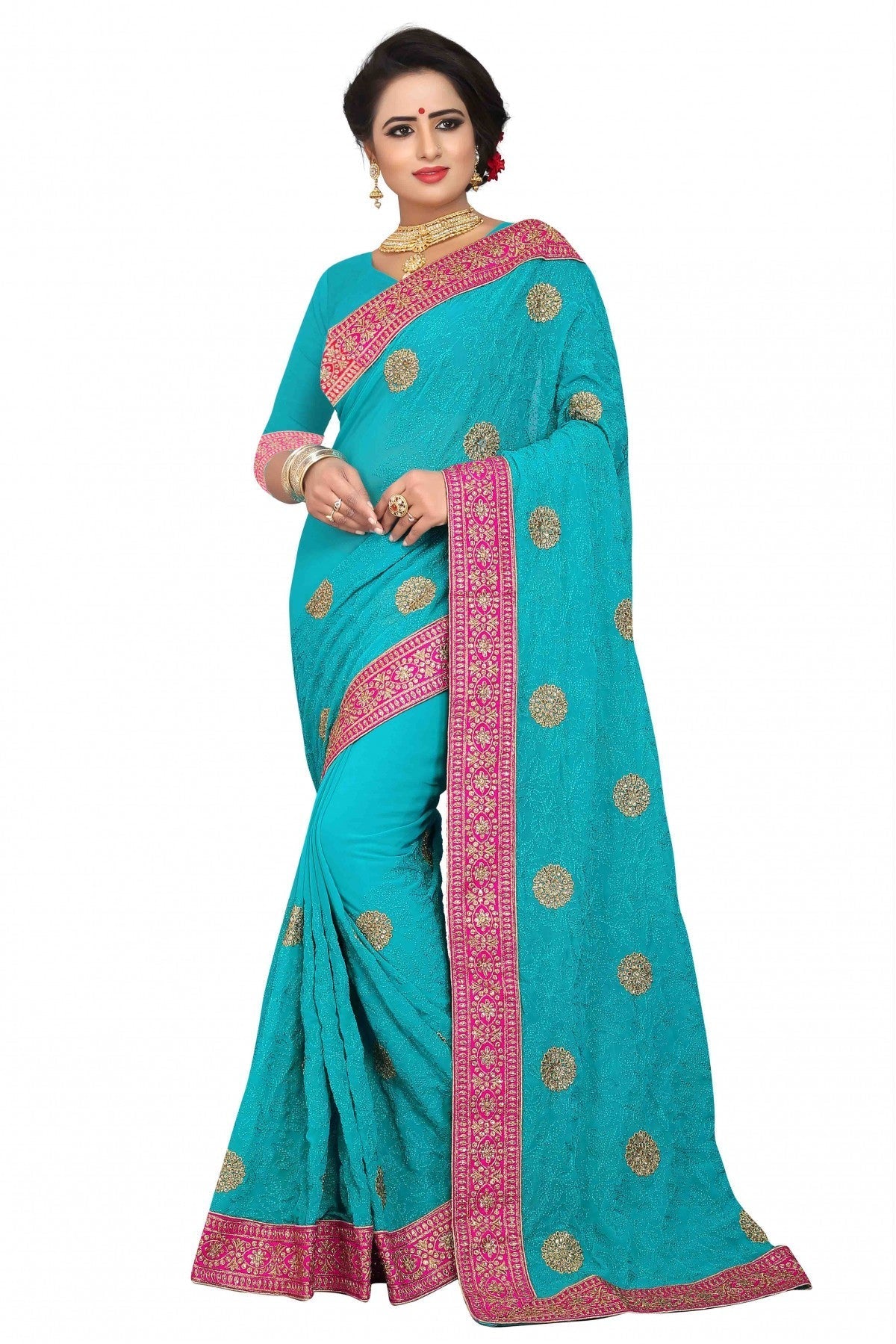 Green Colour Georgette Embroidery Saree