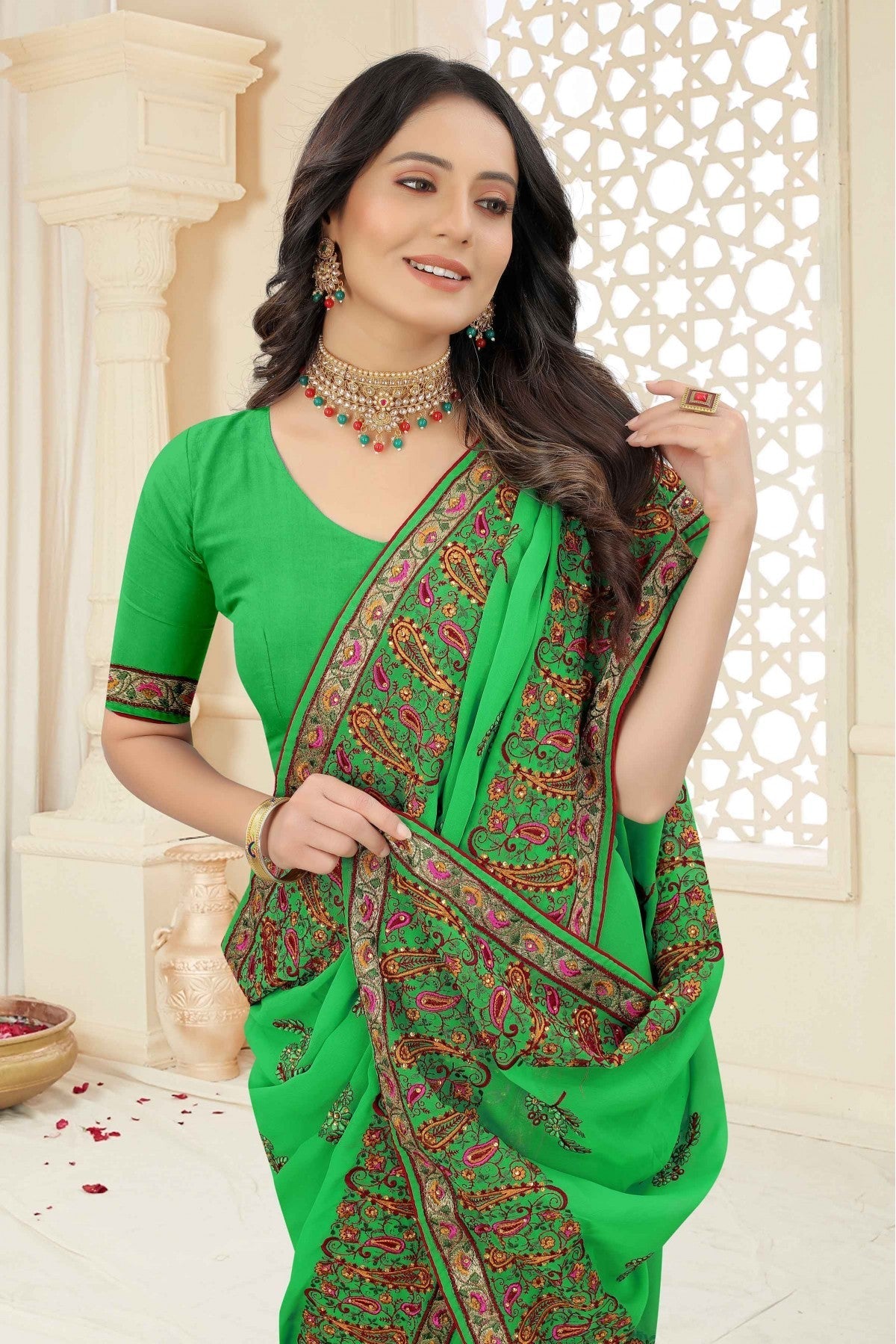 Green Colour Georgette Embroidery Saree