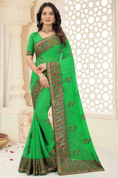 Green Colour Georgette Embroidery Saree