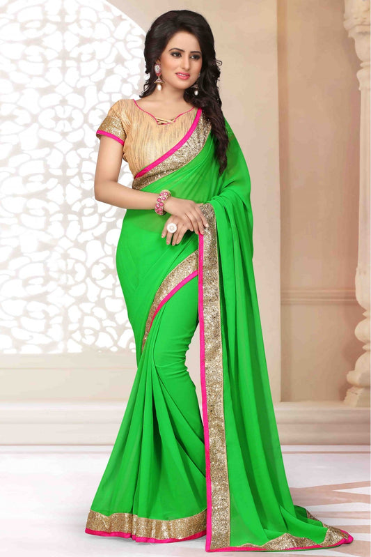 Green Colour Georgette Lace Work Saree