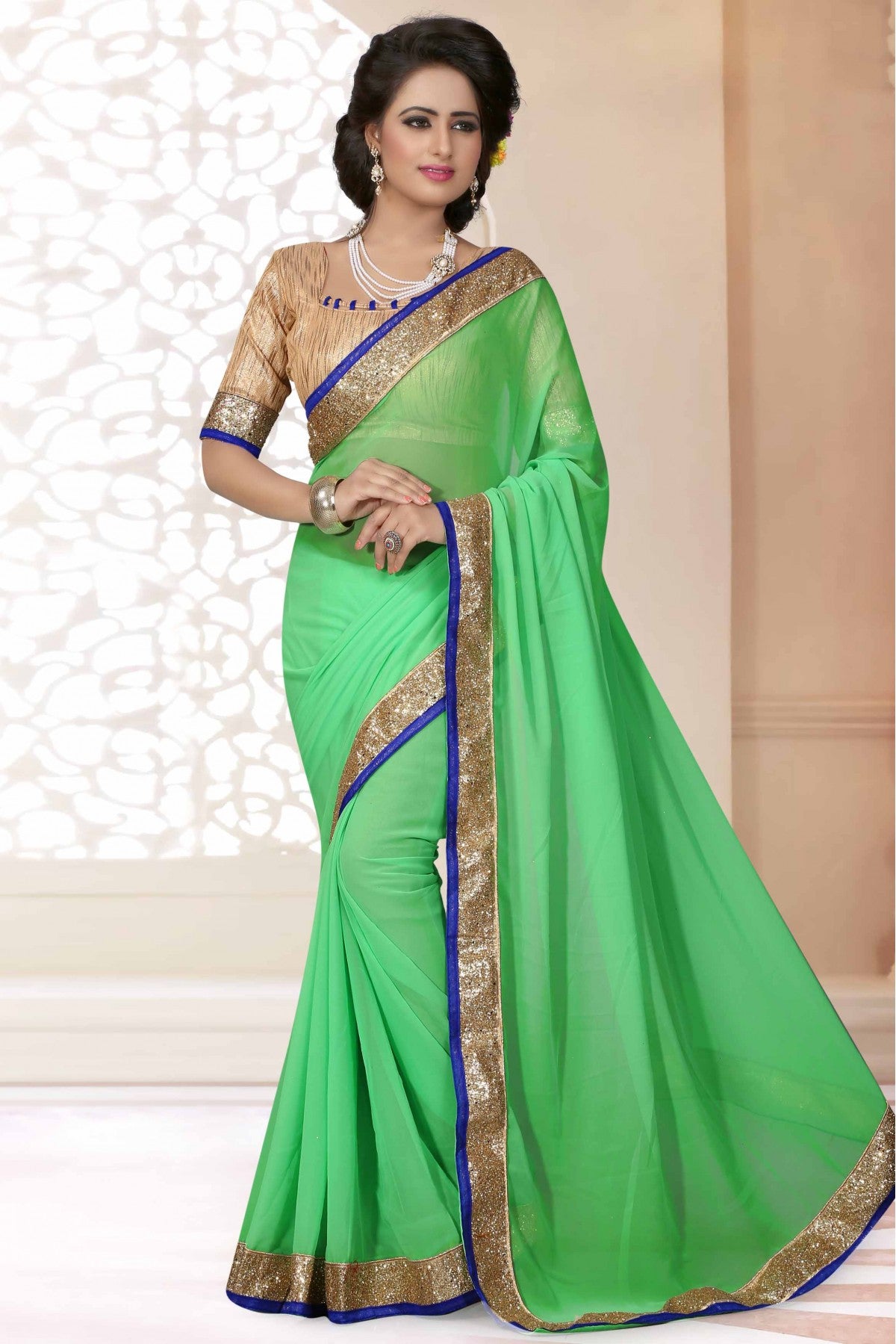 Green Colour Georgette Lace Work Saree