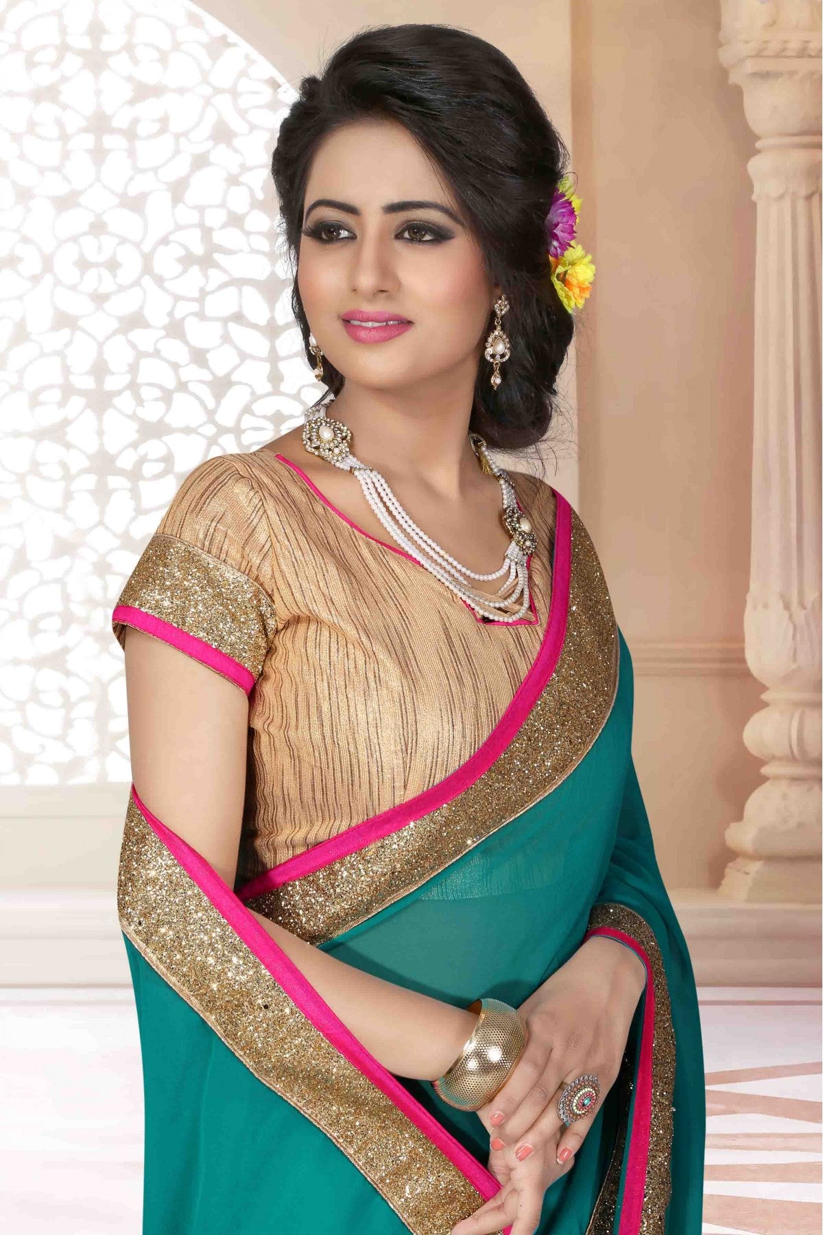 Green Colour Georgette Lace Work Saree