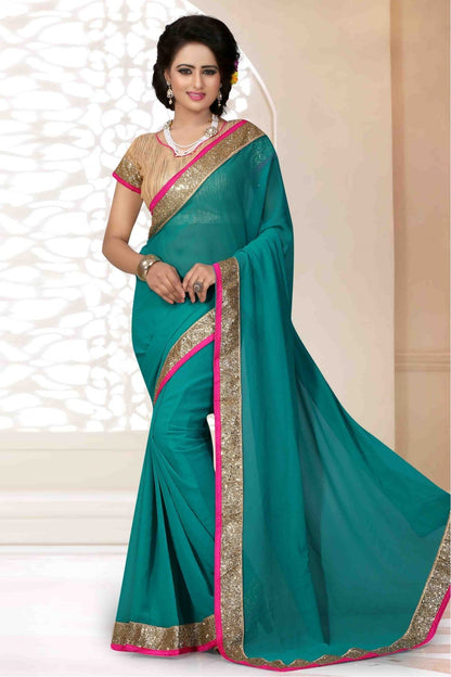 Green Colour Georgette Lace Work Saree