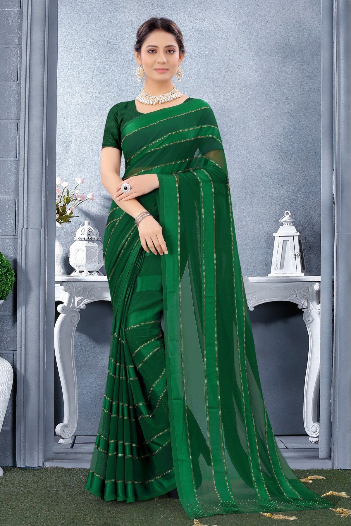 Green Colour Georgette Swarovski Work Saree