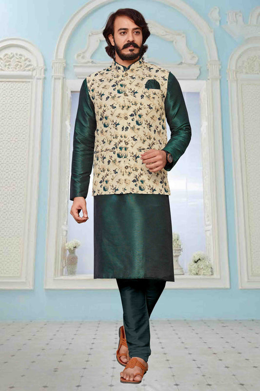 Green Colour Kurta Pajama With Jacket In Art Silk