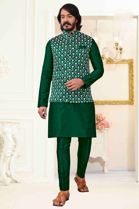 Green Colour Kurta Pajama With Jacket In Art Silk