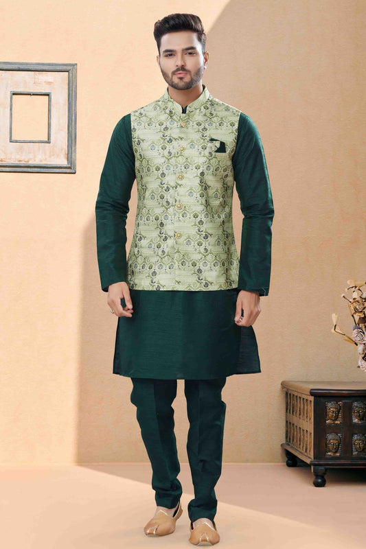 Green Colour Kurta Pajama With Jacket In Silk Dupion Fabric