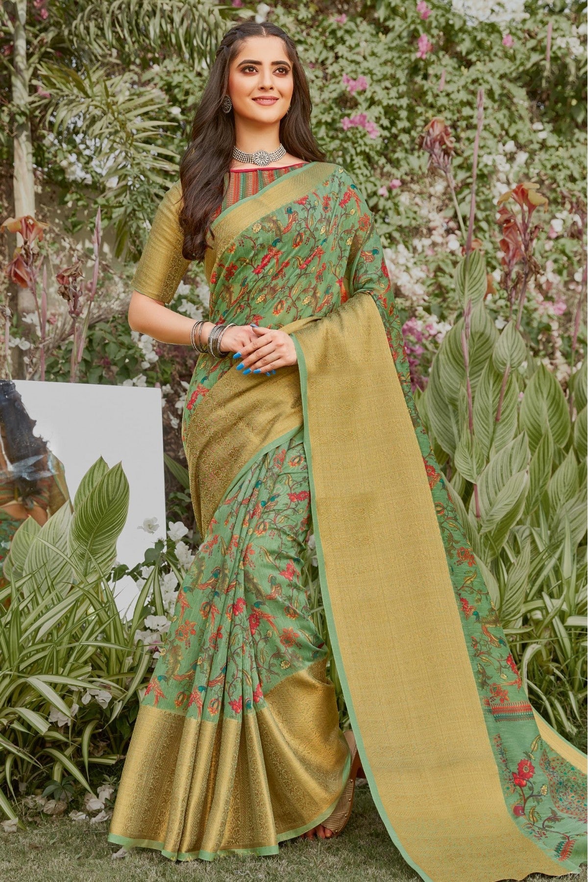 Green Colour Linen Printed Saree VSSD1100897