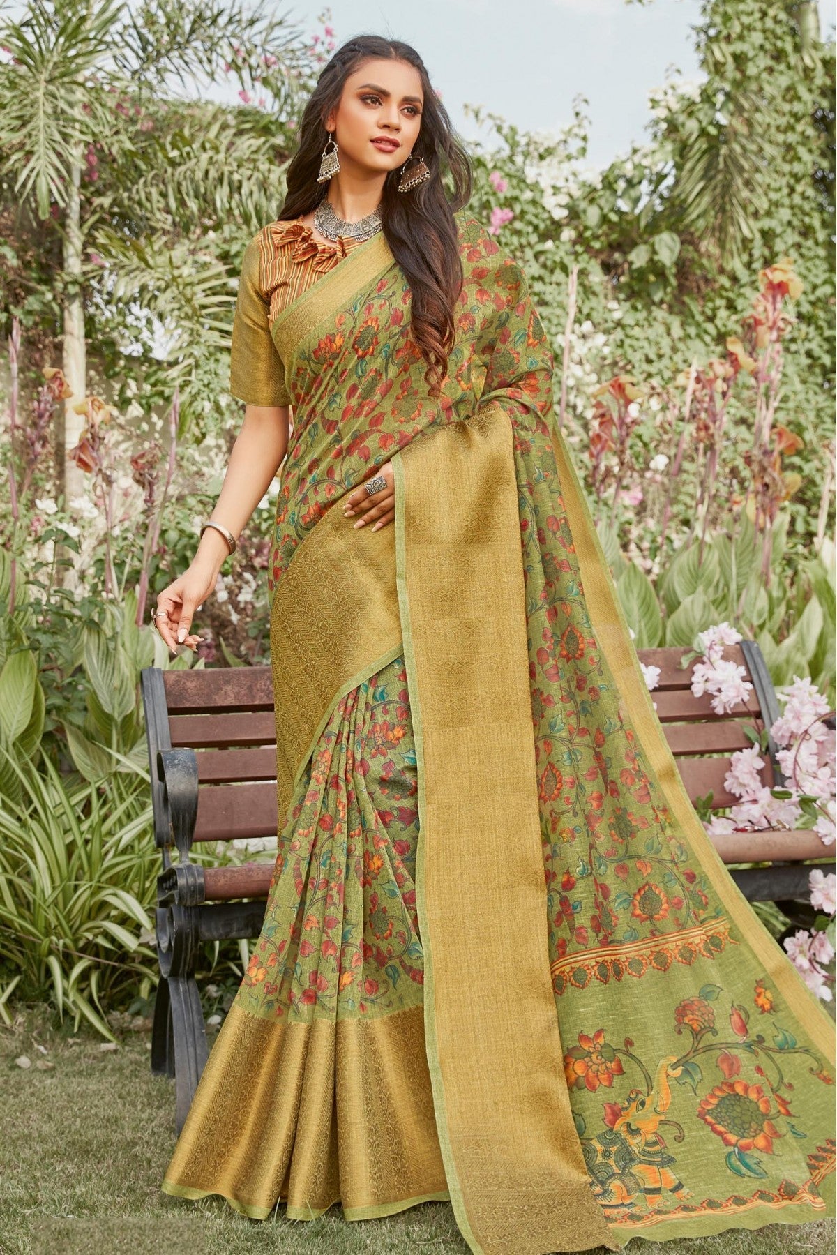 Green Colour Linen Printed Saree VSSD1100899