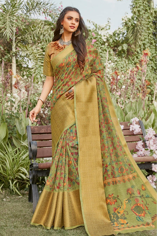 Green Colour Linen Printed Saree