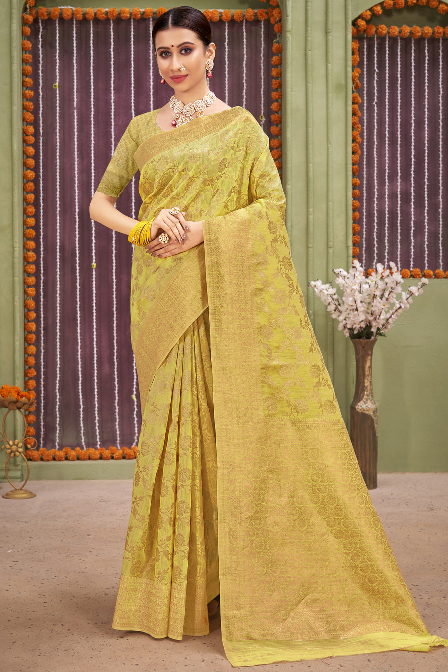 Green Colour Linen Traditional Saree In Woven Work