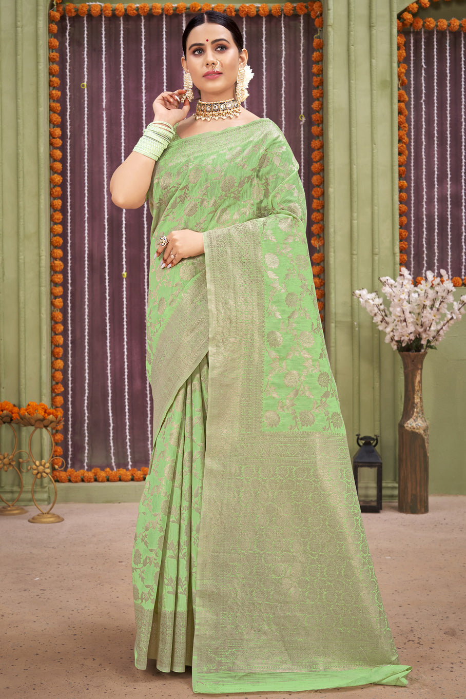 Green Colour Linen Traditional Saree In Woven Work