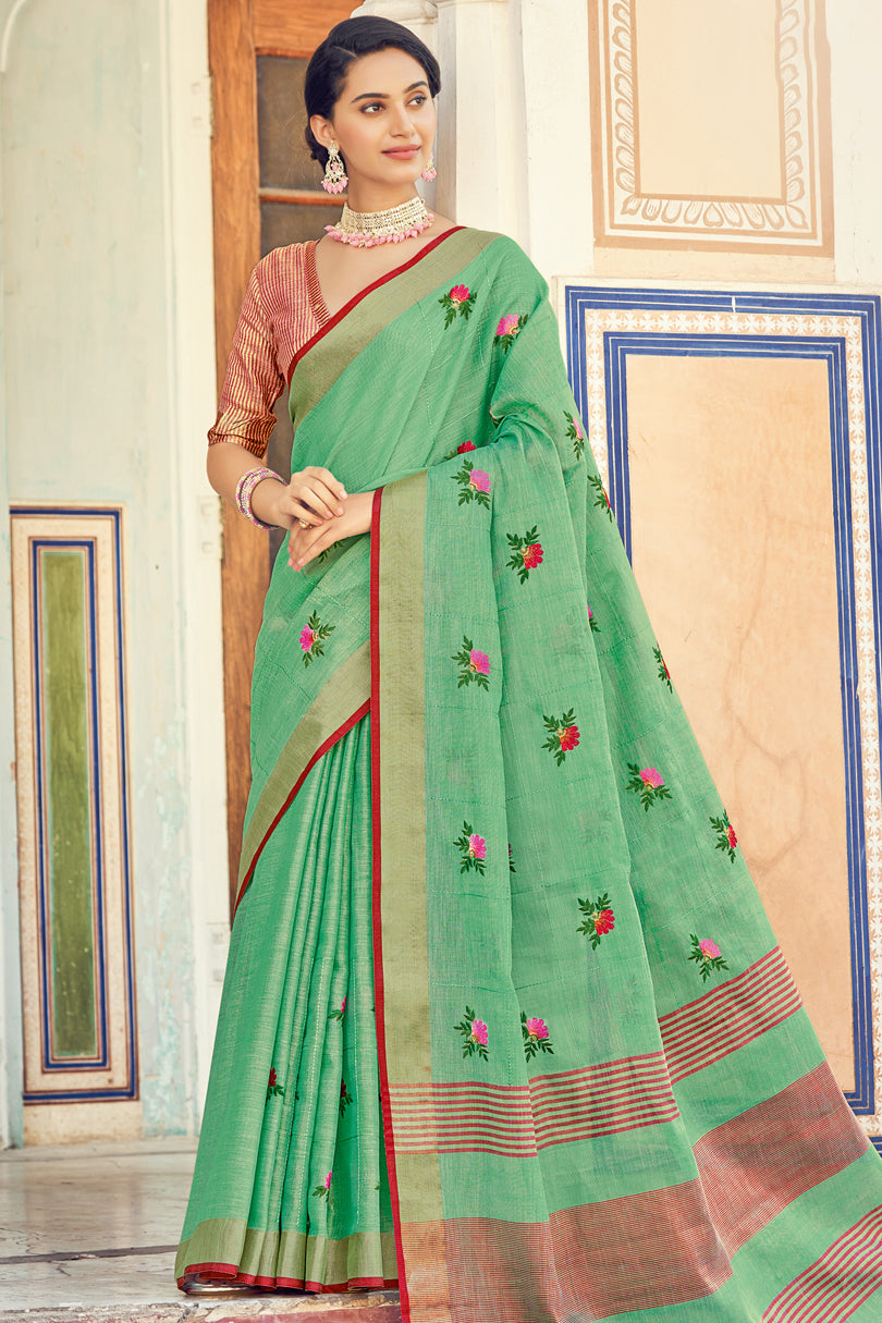 Green Colour Linen Traditional Saree In Woven Work