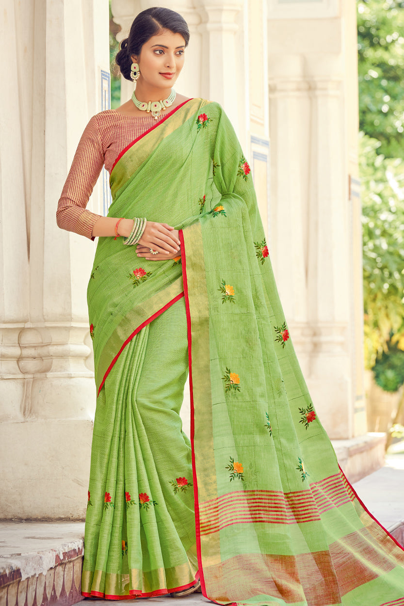 Green Colour Linen Traditional Saree In Woven Work