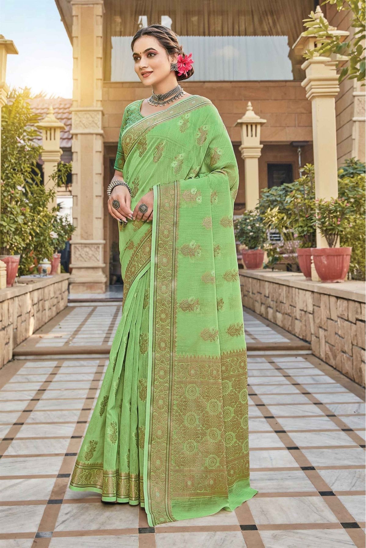 Green Colour Linen Woven Saree