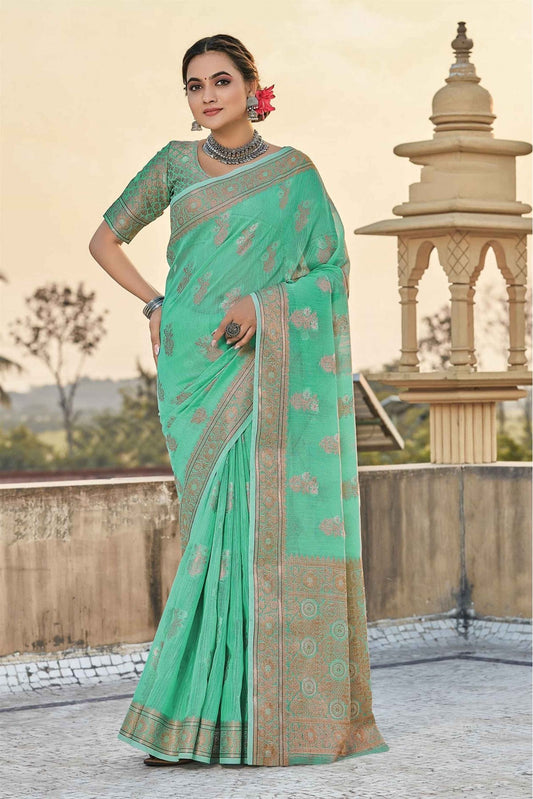 Green Colour Linen Woven Saree