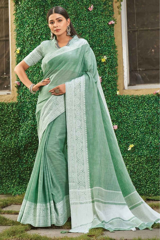 Green Colour Linen Woven Saree