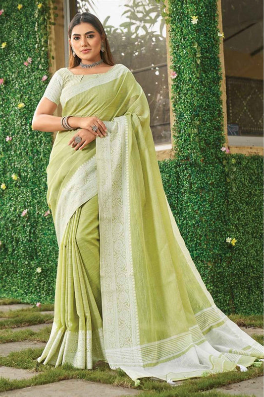 Green Colour Linen Woven Saree