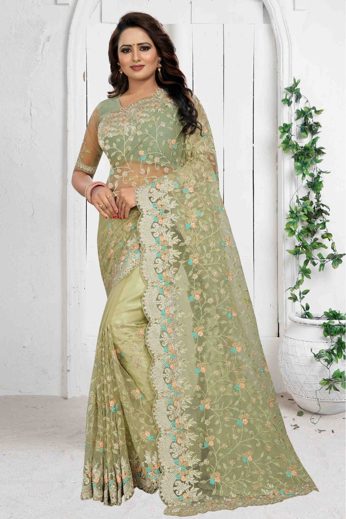 Green Colour Net Designer Saree