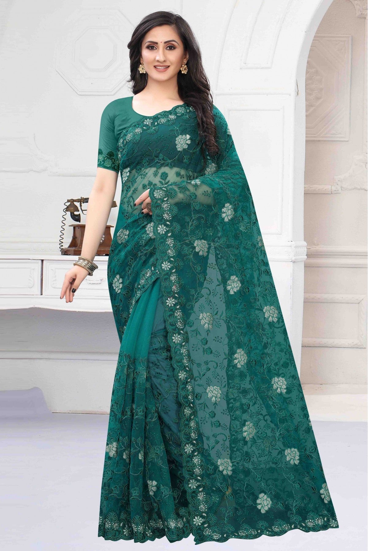 Green Colour Net Designer Saree VSSD1090156