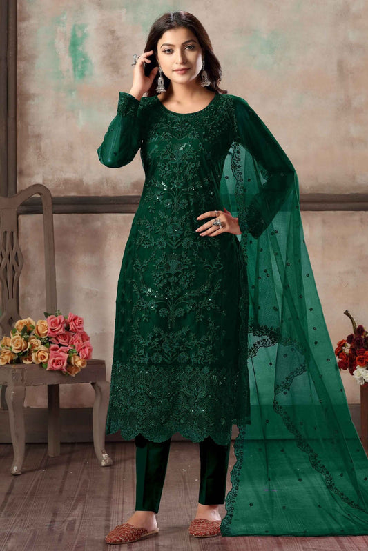 Green Colour Net Embroidery Pant Style Suit