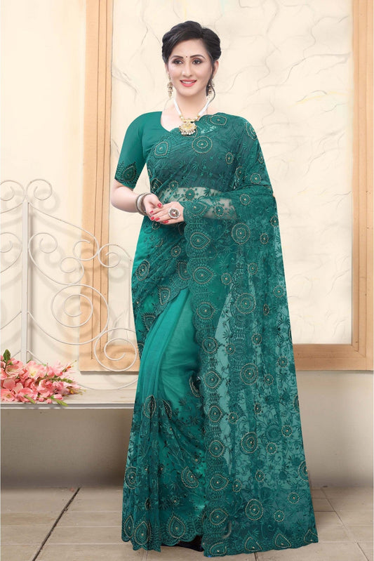 Green Colour Net Embroidery Saree