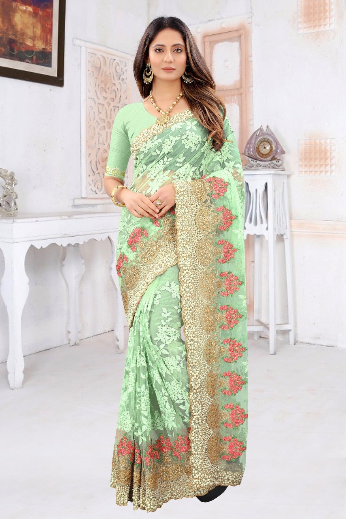 Green Colour Net Embroidery Saree