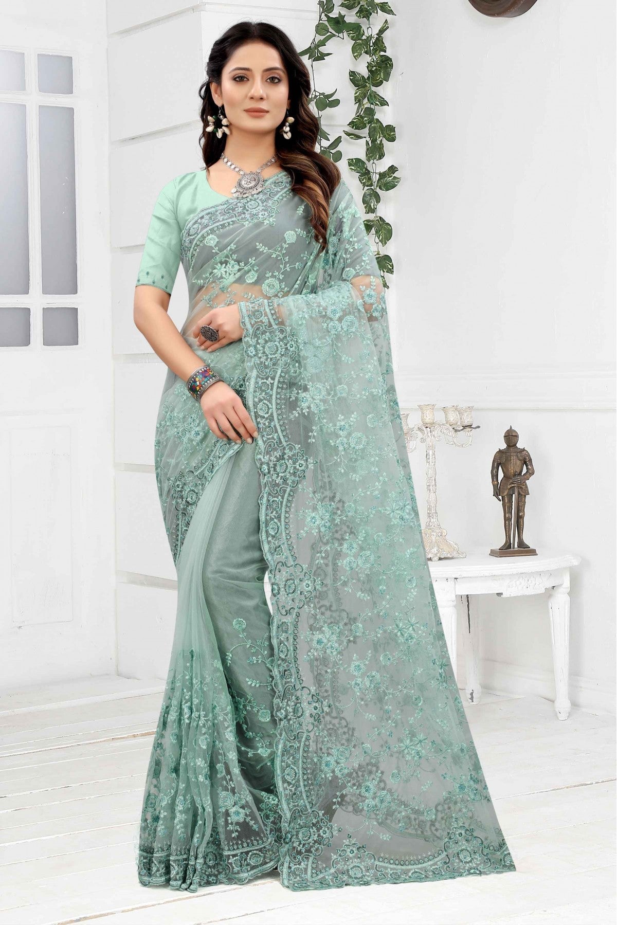 Green Colour Net Embroidery Saree