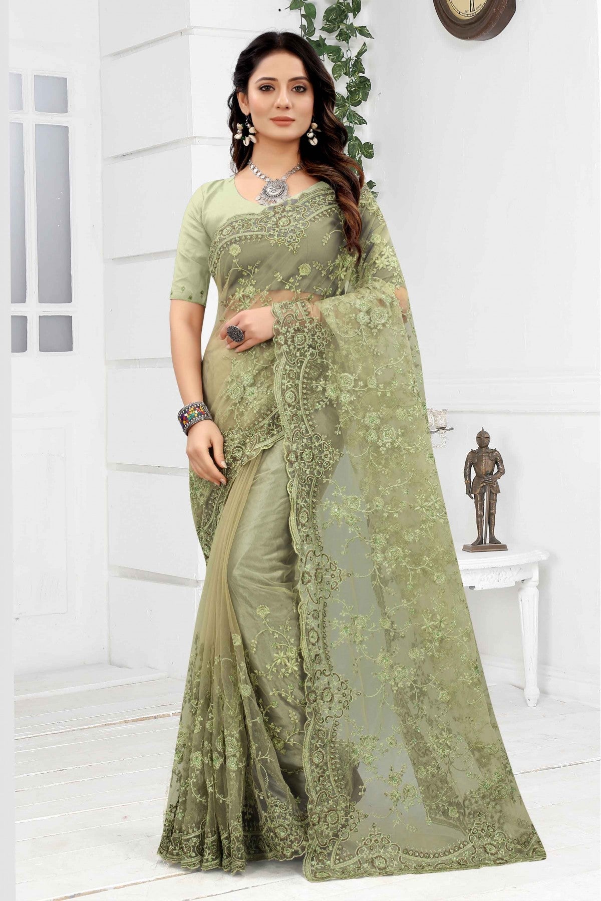 Green Colour Net Embroidery Saree