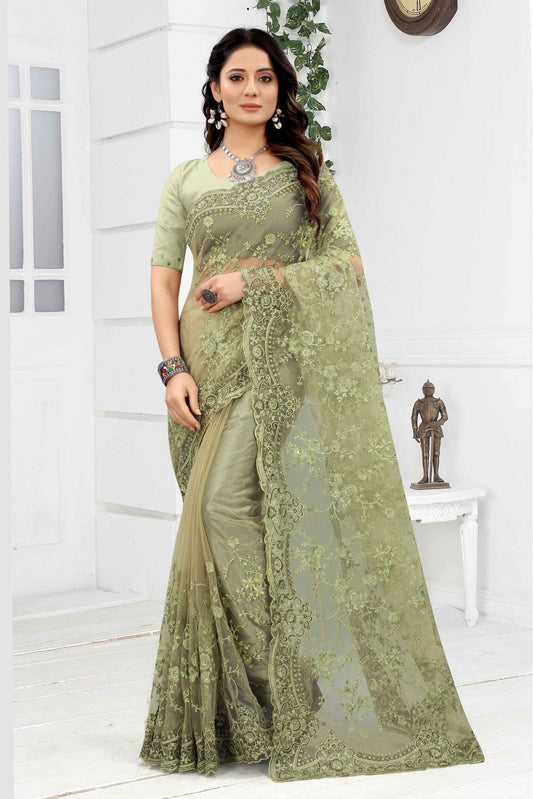 Green Colour Net Embroidery Saree