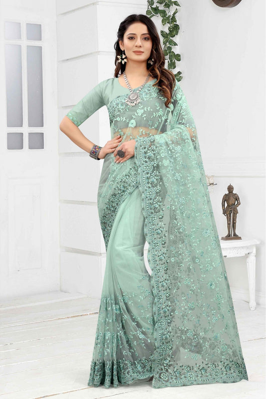 Green Colour Net Embroidery Saree